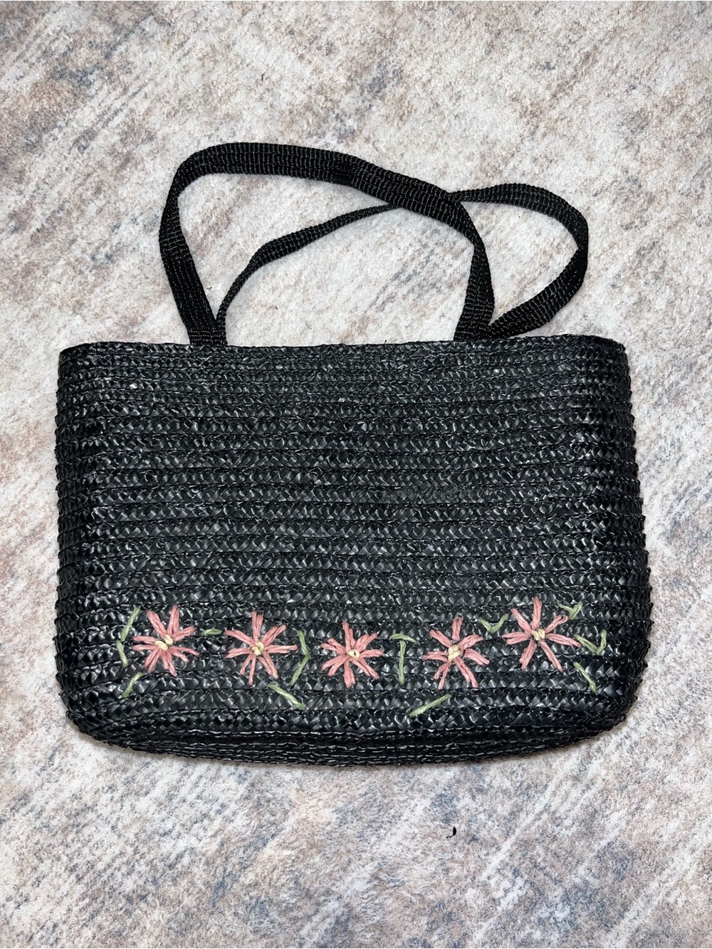 Vintage Black Woven Straw Handbag Embroidered Floral Purse Cottagecore Tote